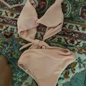 Cupshe Pink Ribbed One Piece Swimsuit with Bandeau Top